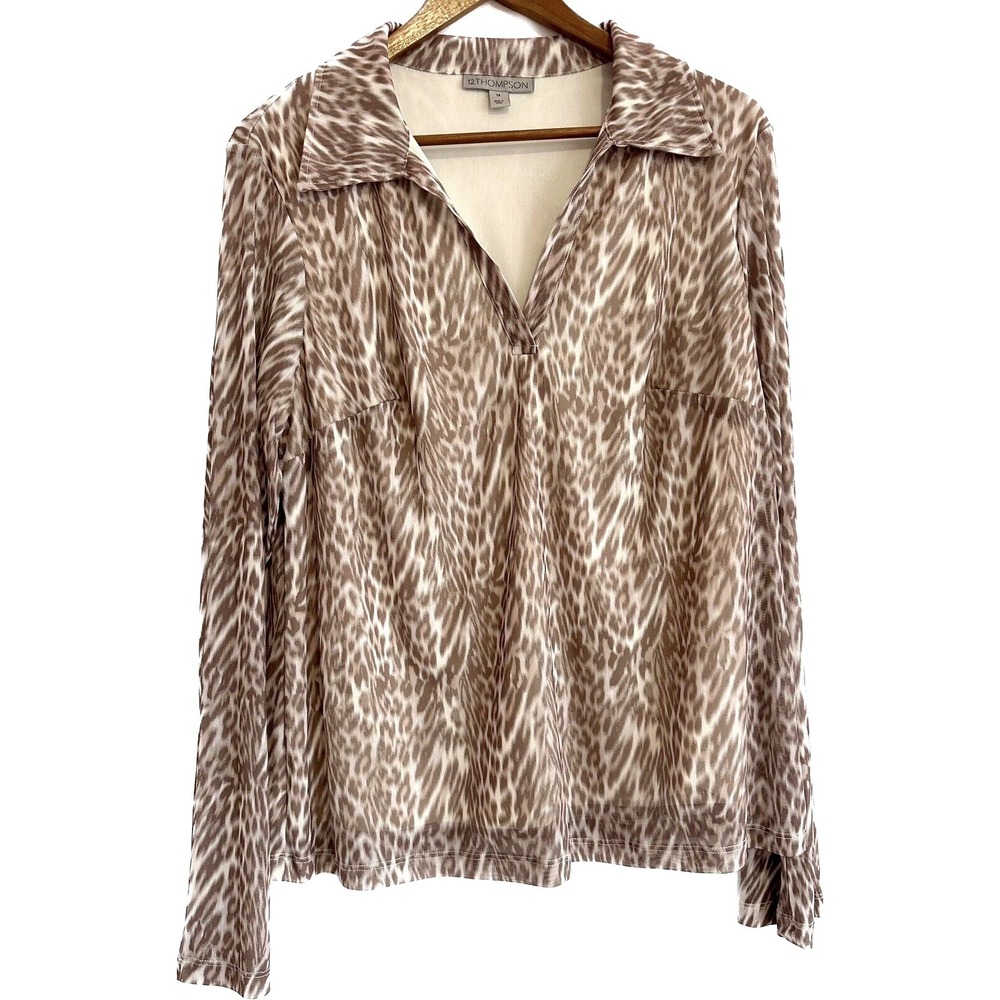 12 Thompson Blouse Womens 1X Collared Animal Print Mesh Lined Sheer Leopard
